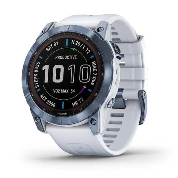 Garmin Fenix 7X Solar Sapphire Titanium Blue With White Strap 1 Garmin Fenix 7X Solar Sapphire Titanium Blue With White Strap